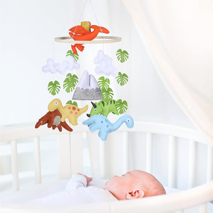 CLYMENE Dinosaur Baby Mobile for Crib | Baby Nursery Dinosaur Mobile | Gender Neutral Baby Stuff for Dinosaur Theme Nursery | Handmade Felt Hanging Dino and Mountain Room Decor for Boys & Girls