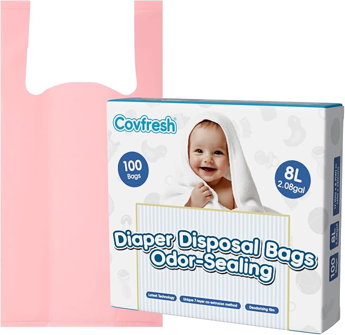 Odor Sealing Disposable Diaper Bags with Tie Handle, 100 count, Large Capacity, Unscented & Durable Diaper Trash Bags for Home & Baby Travel Use (Color:Pink)