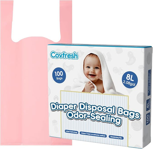 Odor Sealing Disposable Diaper Bags with Tie Handle, 100 count, Large Capacity, Unscented & Durable Diaper Trash Bags for Home & Baby Travel Use (Color:Pink)