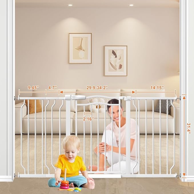 53.1-62.2" Extra Wide Baby Gate for Doorways No Drill, 30" Tall Auto Close Press Mounted Baby Safe Gate for Stairs, Walk Through Dog Gates for Doorways, White