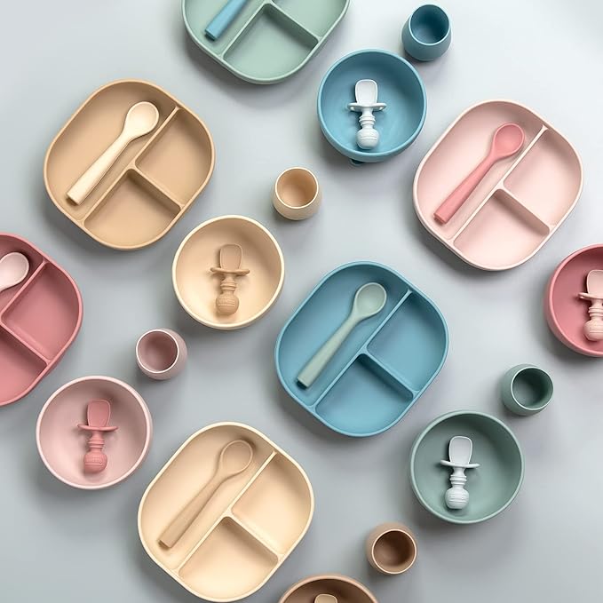 SAMiGO Silicone Baby Feeding Set, Baby Led Weaning Supplies, Suction Bowl Plate Bib Cup Self Feeding Spoons, Solid Food Eating Essentials, First Stage Utensils, 6+ Months