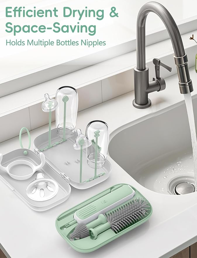 Electric Baby Bottle Brush Cleaner, Baby Travel Bottle Cleaner Kit- 2000mAh Rechargeable Silicone Brush, Drying Rack, Compact Storage Box, 360° Efficient Cleaning Bottle Brush for Home & On-The-Go