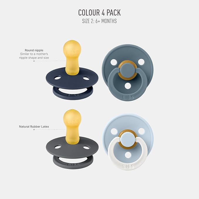 BIBS Colour Soother 4-Pack | BPA Free Dummy Pacifier | Round Nipple | Natural Rubber Latex | Made in Denmark | Size 6-18 Months | Petrol Glow Mix