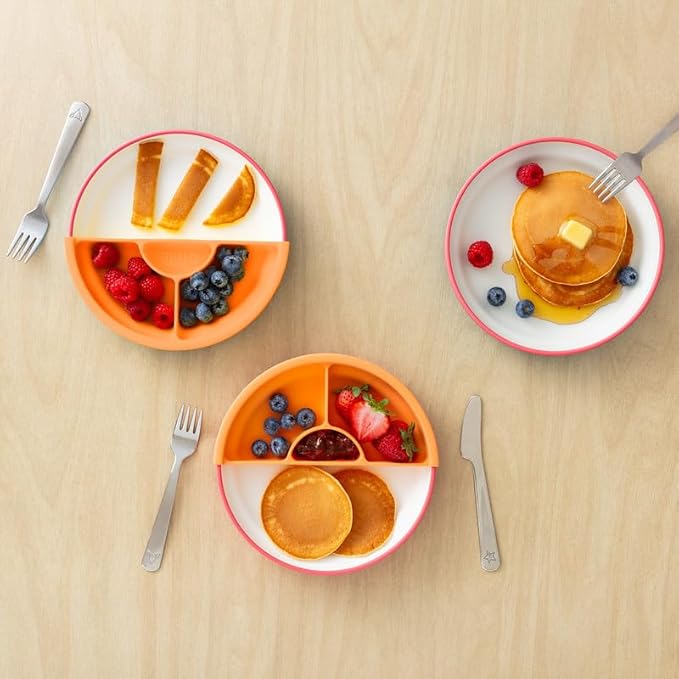 Omie® Easy Scoop Plates for Kids | Unique Design Helps Food Fall into the Spoon, Not on the Table | Made from Plants | 3 Plates + 2 Silicone Dividers | Pink