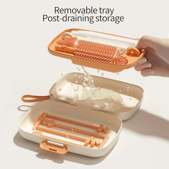 7in1 Travel Bottle Cleaner kit,Baby Essentials, with Bottle Brush、Nipple Brush、Straw Cleaner Brush、Soap Dispenser、Bottle Drying Rack、Drainage Tray、Storage Box,Baby Travel Essential (White)