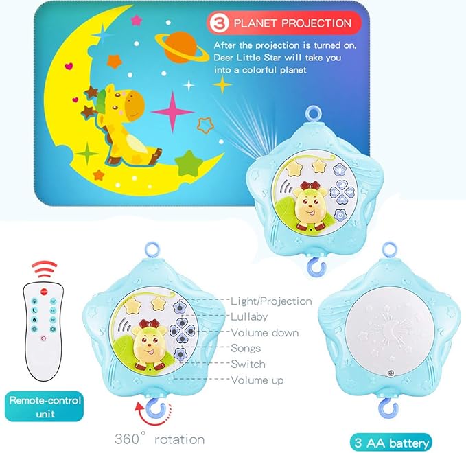 Baby Mobile for Crib with Musicial and Lights, Remote, lamp, Projector for Pack and Play, for Ages 0+ Months (Blue-Forest)