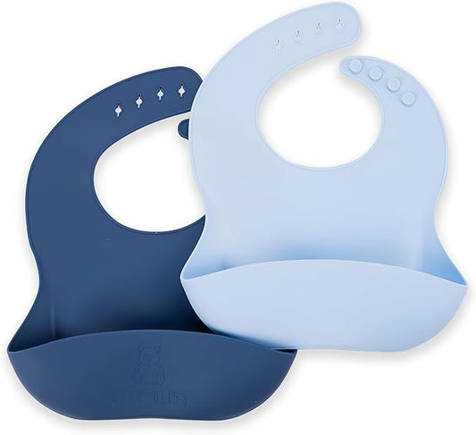 Silicone Bib 2-Pack: Safe, Non-Toxic, Food-Grade. Waterproof, Adjustable Neck Band, Easy-Clean Pouch Catcher.