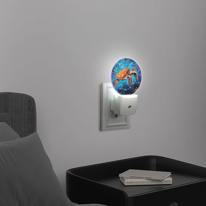 Round LED Night Lights Lamp with Dusk to Dawn Sensor, Orange Sea Turtle Swimming Gracefully Night Light Plug Into Wall for Kids Room, Bedroom, Bathroom, Kitchen, Hallway