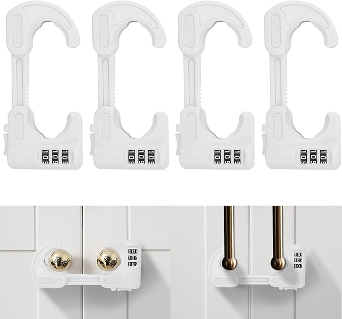 4 Pack Cabinet Locks with Combination Baby Proof Cabinet Door Lock Multifunctional Adjustable Child Safety Lock Knobs Door Lock for Home Refrigerator Doors Cabinet Knobs Double-Door Cabinet (White)