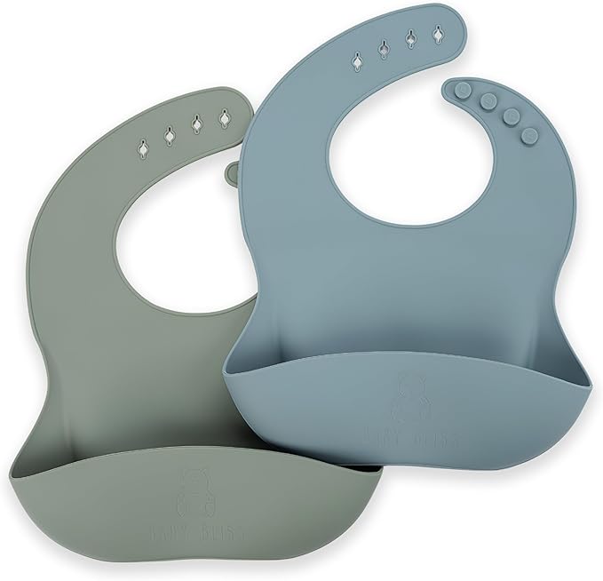 Silicone Bib 2-Pack: Safe, Non-Toxic, Food-Grade. Waterproof, Adjustable Neck Band, Easy-Clean Pouch Catcher.