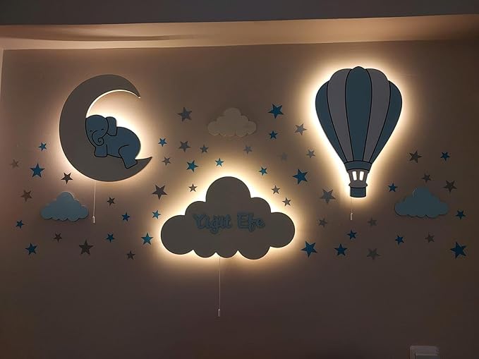 Dreamy Skies Nursery Wall Set – Elephant on Moon, Hot Air Balloon & Star Stickers Pink Style Girls Room Decor