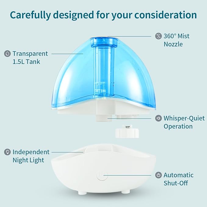 Cool Mist Humidifiers for Bedroom & Large Room (1.5L Water Tank) Quiet Ultrasonic Air Humidifier For Babies Nursery, Office, Indoor Plants & Whole House -Adjustable 360 Rotation Nozzle, Auto-Shut Off