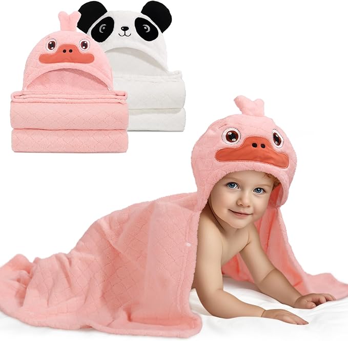 Toddler Bath Towels Age 1-2, Soft Absorbent Animal Hooded Towel for Kids Girls, 2 Pack 50" x 32" Large Thick Baby Towels with Hood, White Panda & Pink Duck Set