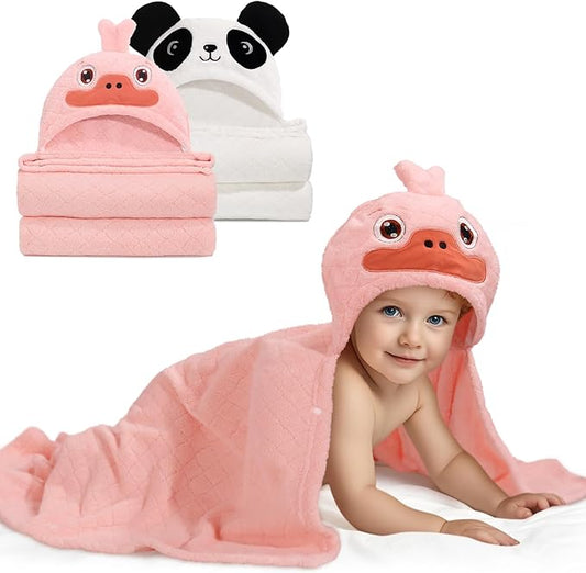 Toddler Bath Towels Age 1-2, Soft Absorbent Animal Hooded Towel for Kids Girls, 2 Pack 50" x 32" Large Thick Baby Towels with Hood, White Panda & Pink Duck Set