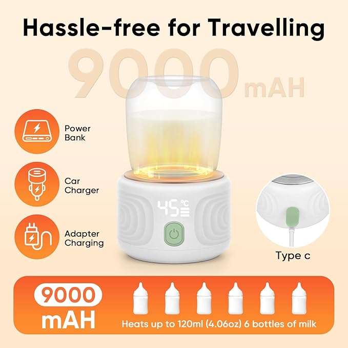 Baby Bottle Warmer, Maypott Portable 3 Minutes Fast Milk Warmer for Travel with 4 Selectable Temperature & Burn Protection, Leak-Proof & Safe Rechargeable Bottle Warmer for Breastmilk, Formula, Water
