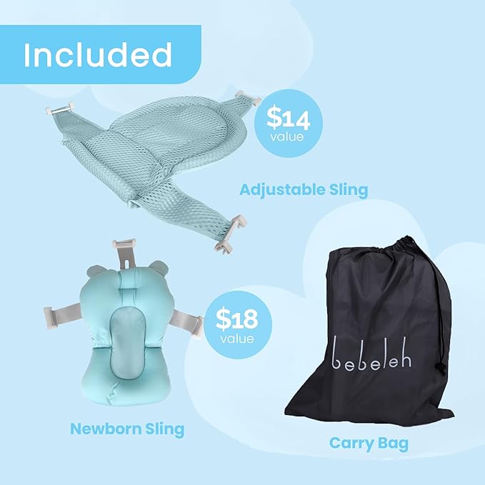 BEBELEH™ Collapsible Baby Bathtub with Thermometer – Bathtub + Baby tub Sling + Newborn Sling – Baby Bathtub Newborn to Toddler 0-24 Months – The Ultimate Baby Bath tub! (with Thermometer,Blue)