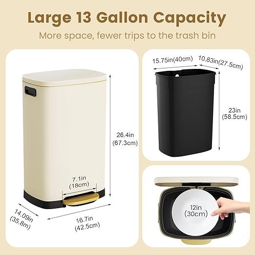 ELPHECO Kitchen Trash Can with Lid Soft Close, 13 Gallon / 50L Stainless Steel Pedal Garbage Can, Heavy-Duty Fingerprint Proof Step Wastebasket with 20 Bags, Removable Bucket, Home Office, Cream Beige