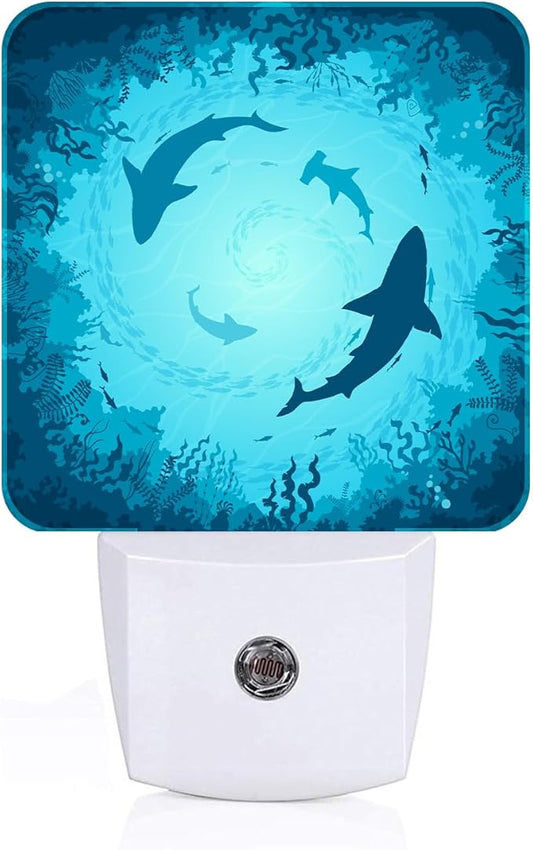 Floating Sharks Night Light,Plug Into Wall with Dusk to Dawn Light Sensors, Warm Nightlights for Bedroom, Bathroom, Hallway, Kitchen, Gifts Ideal for Boys Girls Women Men