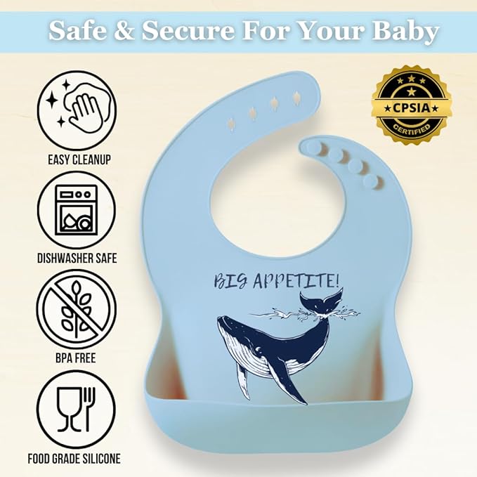 Animal Silicone Bibs for Babies - 2 Pack Sea Life Bibs for Boys and Girls - Easy to Clean Adjustable