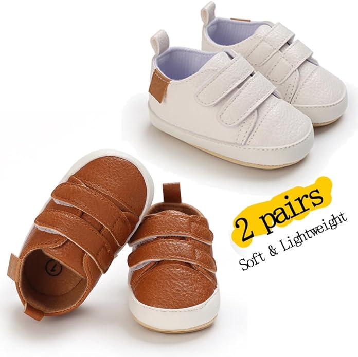 2Pairs Baby Shoes,Boys Girls Non-Slip Rubber Sole Sneakers,Unisex Infant Soft Lightweight First Walking Crib Shoes