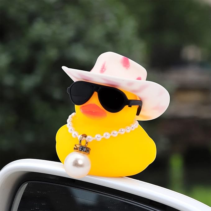 wonuu Car Rubber Duck, Yellow Duck Decoration Dashboard with Sun Hat Swim Ring Necklace Sunglasses for Car Dashboard Decorations, Pink White Cowboy Hat-Pink-Big Pearl