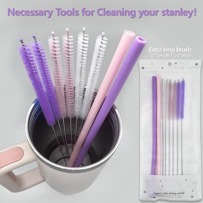 Straw cleaner brush straw brush for 40 oz stanley straw cleaner brush extra long 12 inch, Nylon Stainless steel small cleaning brush—Pink&Purple series