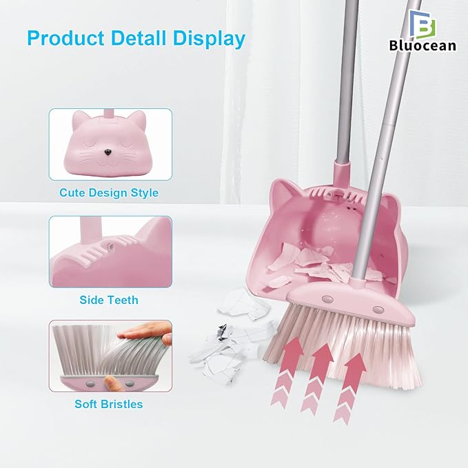 28′′ Mini Broom and Dustpan Set for Kids-Ideal Kids' Toys as Gifts, Parent-Child Interactive Cleaning Tool, Cute Cartoon Design, Household Helper for Toddlers, Small Safe Corner Broom(Pink Puff)