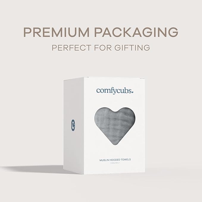 Comfy Cubs Hooded Baby Towel 1-Pack, Large 32 x 32 Inch - 6 Layer 100% Muslin Cotton for Babies, Toddlers and Kids - Soft & Absorbent Baby Bath Towels - Unisex Design for Bath Time - Heather Blue