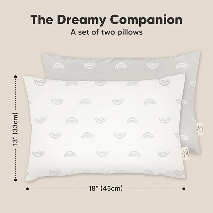 KeaBabies 2-Pack Toddler Pillow 13x18 - Soft Organic Cotton Kids Travel Bed Pillows for Sleeping, School, Nap, Machine Washable, Toddlers 2 to 5, Pillowcase Sold Separately (Gray Rainbow)