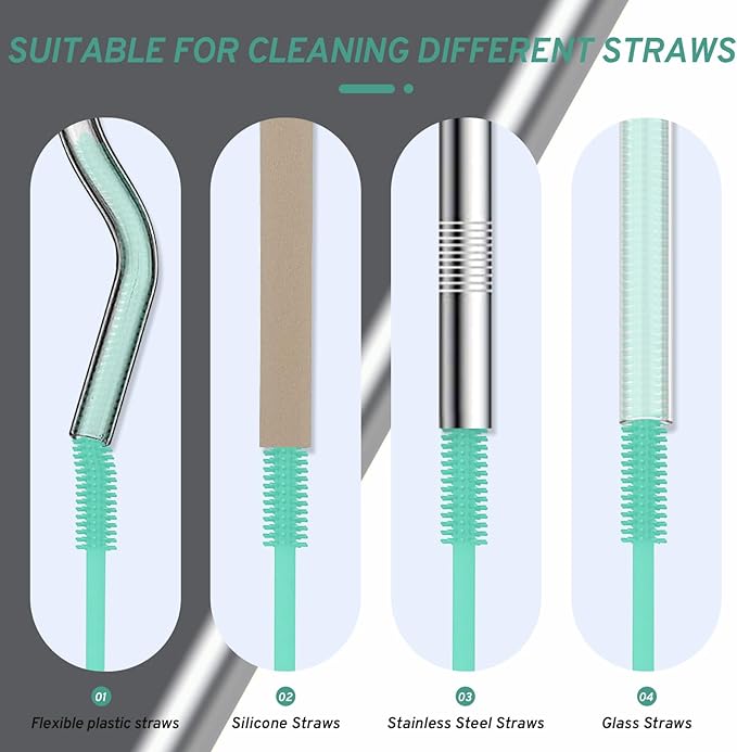 Reusable Silicone Straw Brush,Straw Cleaner,Pipe Cleaners,Extra Long Cleaner Brush for Cleaning Bottle Metal Glass Straws Drink Lid,Straw Cover,Smoothie Straw,Drinking Mint Green 6mm+8mm