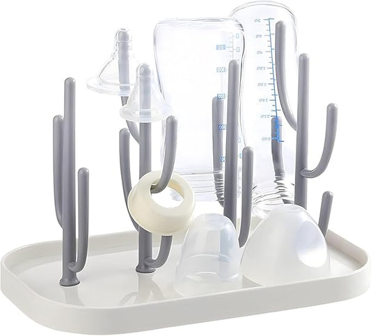 Baby Bottle Drying Rack with Base, Creative Tree Branch Baby Bottle Dryer Holder for Bottles, Teats, Cups, Pump Parts and Accessories (Gray)
