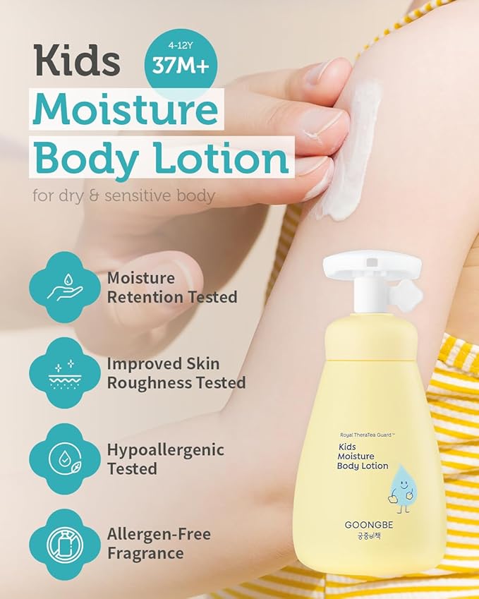 Kids' Moisture Body Lotion - Korean Kids Daily Body Moisturizer - Long Lasting 24hr Hydrating Cream Type Lotion with Cica and Squalane - Allergen Free Scent, 8.45 fl.oz.