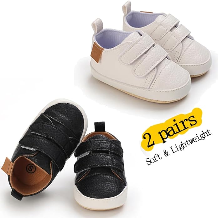2Pairs Baby Shoes,Boys Girls Non-Slip Rubber Sole Sneakers,Unisex Infant Soft Lightweight First Walking Crib Shoes
