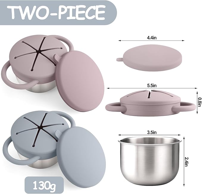 2-Pack Stainless Steel Snack Containers for Kids with Spill-Proof Silicone Lids & Handles - 3-in-1 Baby Snack Cups, No-Spill Toddler Snack Box, Perfect for On-the-Go Healthy Eating（Grey+Grey Purple）