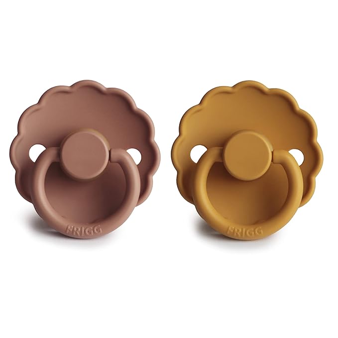 FRIGG Daisy Natural Rubber Baby Pacifier | Made in Denmark | BPA-Free (Rose Gold/Honey Gold, 0-6 Months) 2-Pack
