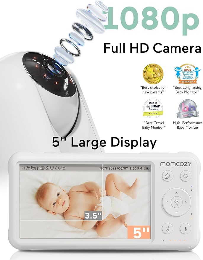 Momcozy Baby Monitor with 2 Cameras 5’’ 1080P Split Screen Video Baby Monitor with Camera and Audio no WiFi for Baby Safety 5000mAh Battery Infrared Night Vision 2-Way Audio 960ft Range Ideal Gift