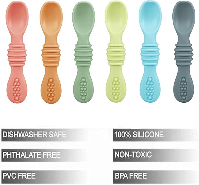 PandaEar 6 Pack Silicone Baby Spoons - Self Feeding Utensils 6-12 Months - Infant Spoons First Stage - Baby Feeding Essentials