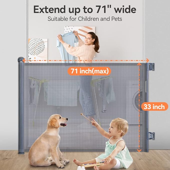 COMOMY Retractable Baby Gate for Stairs, 0-71" Mesh Dog Gate for House Doorways Hallways, 33" Tall Extra Wide Child Safety Gate for Kids Pets, Indoor and Outdoor (Grey)