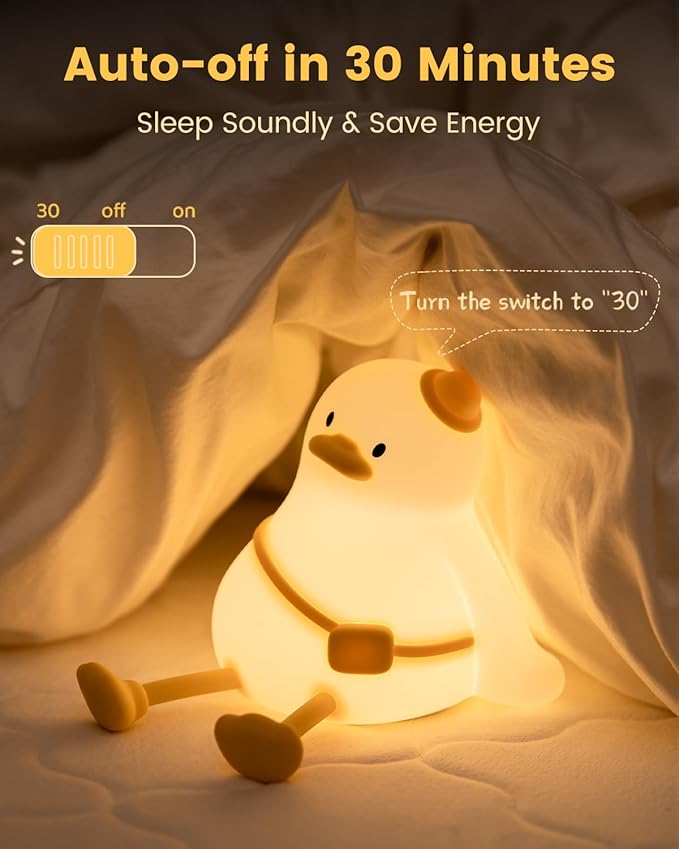 Kids Night Light Duck Design, Silicone Tap Control Bedside Lamp with Time Auto-Off, Cute Portable LED Nursery Light for Baby, Toddler, Bedroom