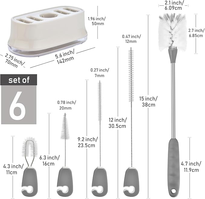 ALINK 5 Pack Water Bottle Brush Cleaning Set with Holder, Bottle Cleaner with Stand, Straw Nipple Lid Brush for Stanley Tumblers, Drinking Glass, Baby Bottles, Jugs - Gray