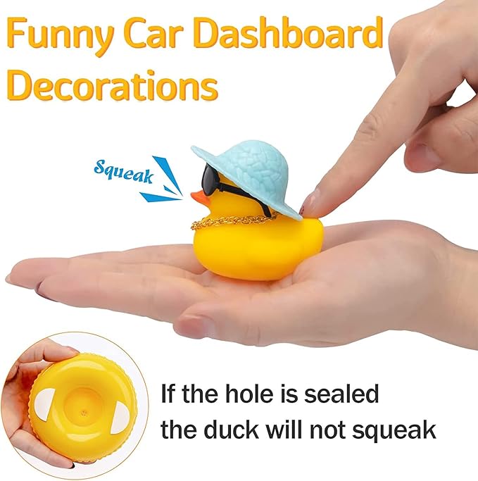 wonuu Car Rubber Duck, Yellow Duck Decoration Dashboard with Sun Hat Swim Ring Necklace Sunglasses for Car Dashboard Decorations (Straw Hat-Transparent)