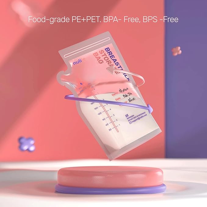 Nuliie 300 Pcs Breastmilk Storage Bags, 8 OZ Breast Milk Storing Bags, BPA-Free, Milk Storage Bags with Pour Spout for Breastfeeding, Self-Standing Bag, Space Saving Flat Profile