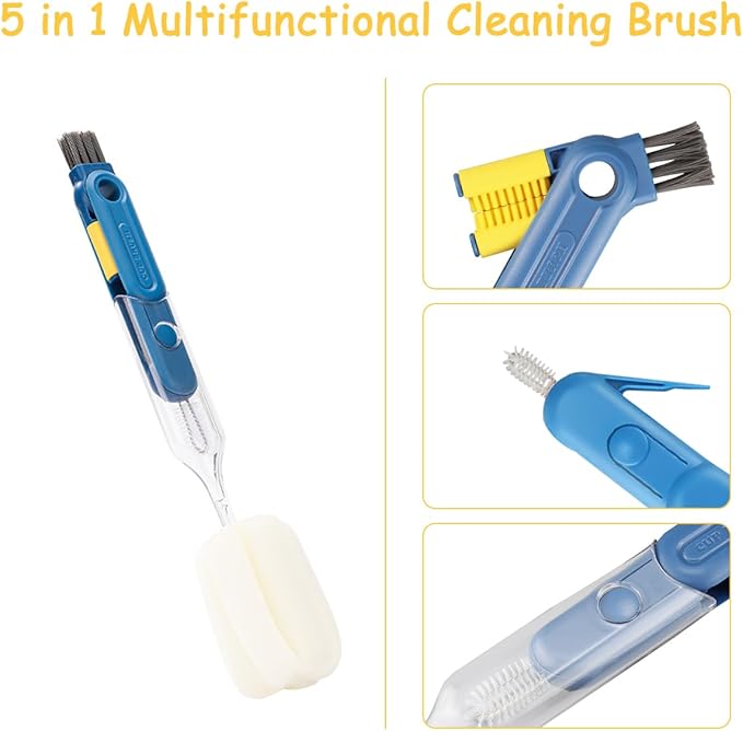 3 PCS 5 in 1 Soft Bottle Brush, Bottle Cleaning Brush Set with Sponge, Cup Lib Clear Brush Bottle Gap Brush Portable Crevice Cleaning Brush Set