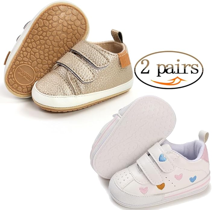 2Pairs Baby Shoes,Boys Girls Non-Slip Rubber Sole Sneakers,Unisex Infant Soft Lightweight First Walking Crib Shoes