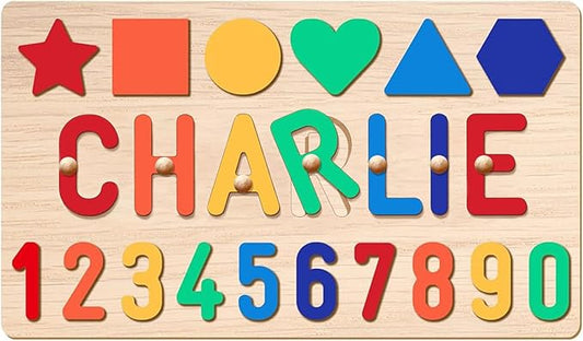 Name Puzzle for Kids Personalized, Wooden Shapes Name Puzzles for Toddlers 1-3, Engraved Text Greetings on Back, Custom Baby 1st Birthday Gifts for Girl&Boy, Kids Sensory Toys (Numbers Name Puzzle)