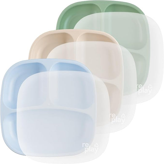 Re-Play Toddler Plates with Dividers - Deep-Walled 3 Compartments Divided Plates for Kids with 3 Lids - Dishwasher & Microwave Safe - Made in USA - Set of 3-7.37" x 7.37" x 1.25" - Beach Baby