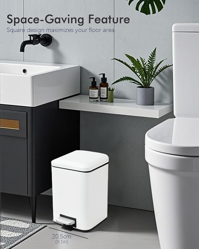 Bathroom Trash Can with Lid, 6 Liter / 1.6 Gallon Small Trash Can with Removable Liner Bucket, Soft Close lid & Step Pedal, White Stainless Steel Garbage Can for Bedroom, Office