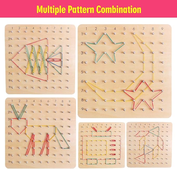 Skrtuan Wooden Geoboard with Pattern Cards & Rubber Bands, Montessori STEM Educational Toy for Kids 3-5 5-8 Years Old, Brain Teaser Puzzle Game for Geometry Learning and Creative Shapes