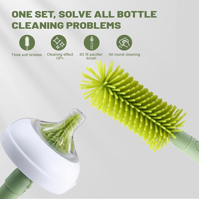 Baby Bottle Cleaner Brush Set Bottle Cleaner Brush Set Portable Bottle Cleaning Kit Set Silicone Brush, Nipple Brush, Straw Brush, Dispense Detergent Dispenser, Drying Rack - 6 in 1
