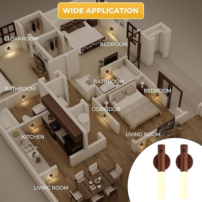 LANDGOO LED Nursery Night Light, Body Motion Sensor Nursing Lamp, Rechargeable Battery Powered Magnetic 360° Portable Lighting for Bedroom Bathroom, Walnut Wood 2Pcs